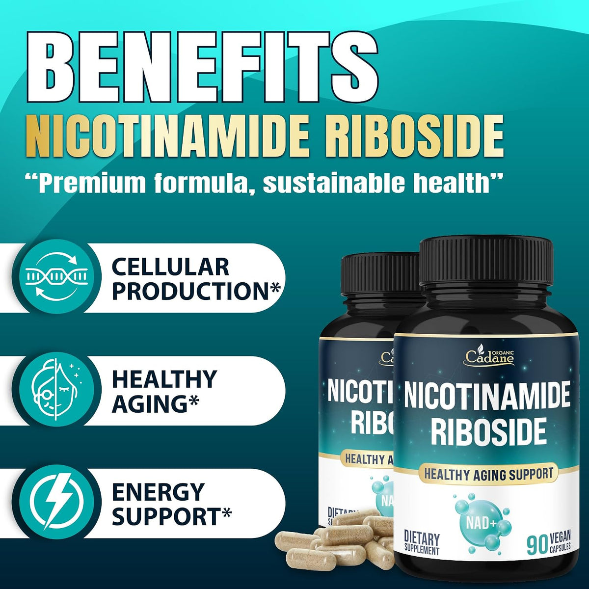 Organic Cadane Nicotinamide Riboside Supplement | Cellular Health Support | Vegan, Non-GMO – 90 Capsules - görsel 4