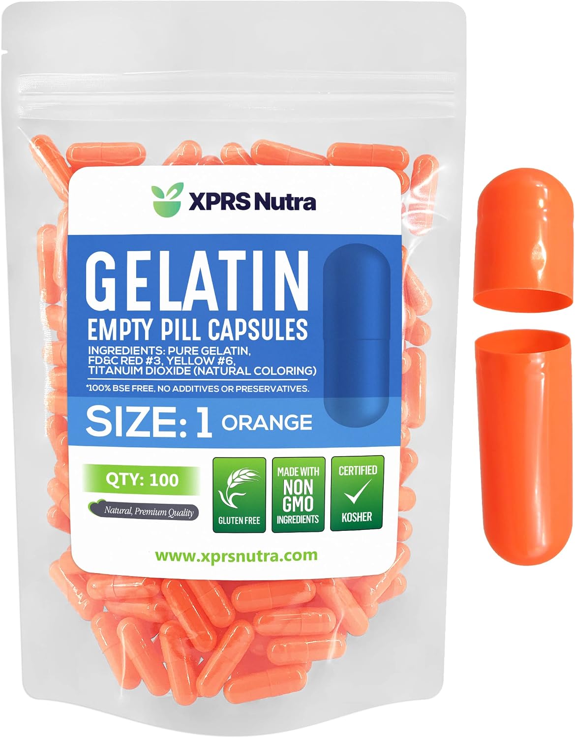 XPRS Nutra Size 1 Empty Capsules - 100 Count Empty Gelatine Capsules - DIY Capsule Filling - Pure Bovine Gel Caps for Homemade Supplements (Orange) - görsel 1