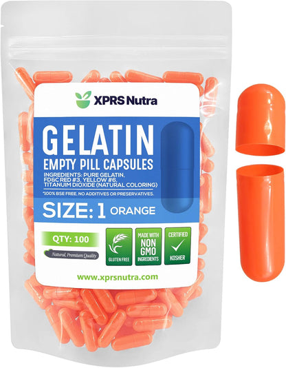 XPRS Nutra Size 1 Empty Capsules - 100 Count Empty Gelatine Capsules - DIY Capsule Filling - Pure Bovine Gel Caps for Homemade Supplements (Orange)