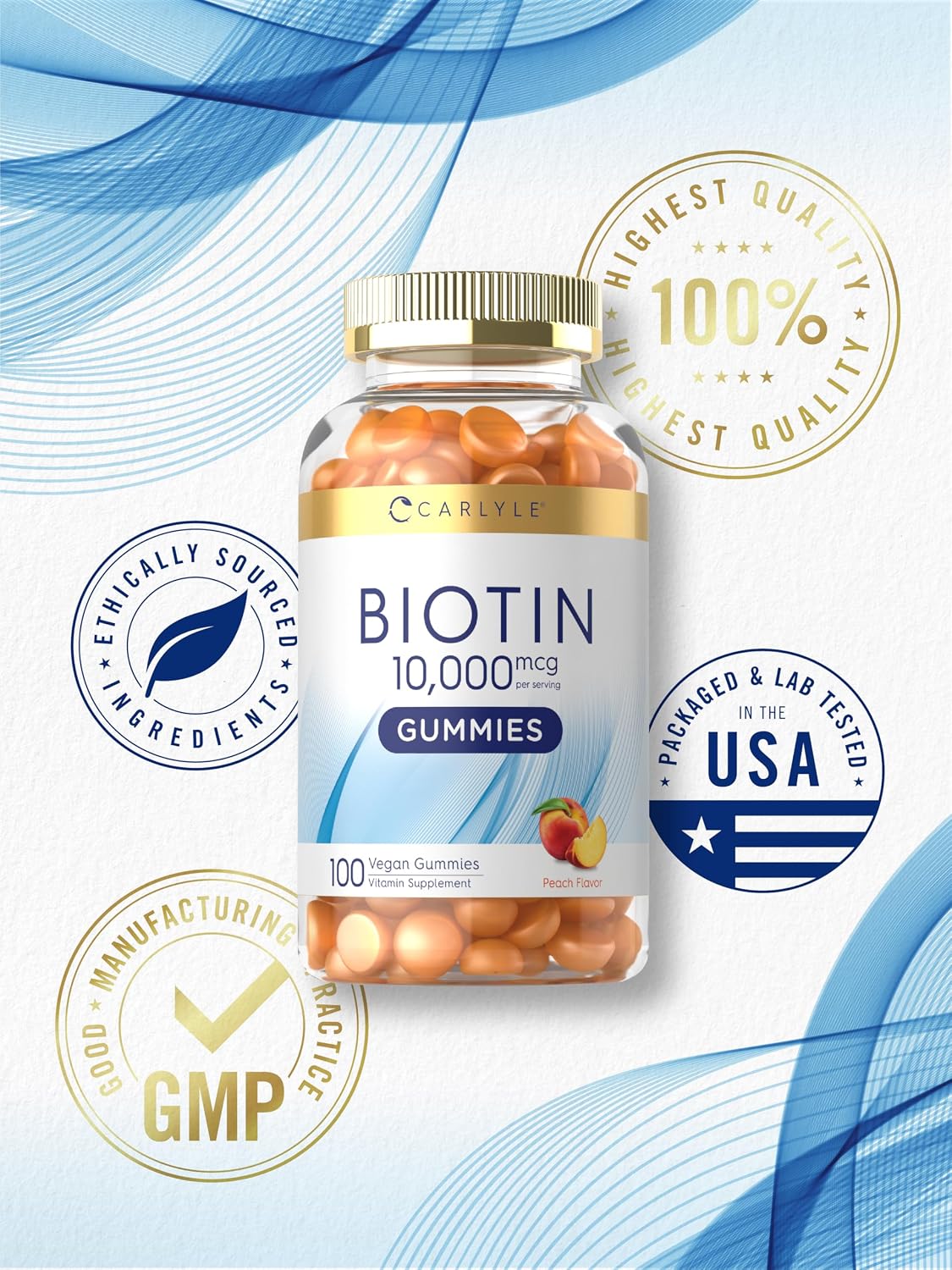 Carlyle Biotin 10000mcg Gummies – 100 Count, Peach Flavour, Vegan, Non-GMO, Gluten-free - görsel 6