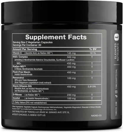 Toniiq Liposomal NAD+ and Resveratrol Supplement | 1500mg | 60 Capsules