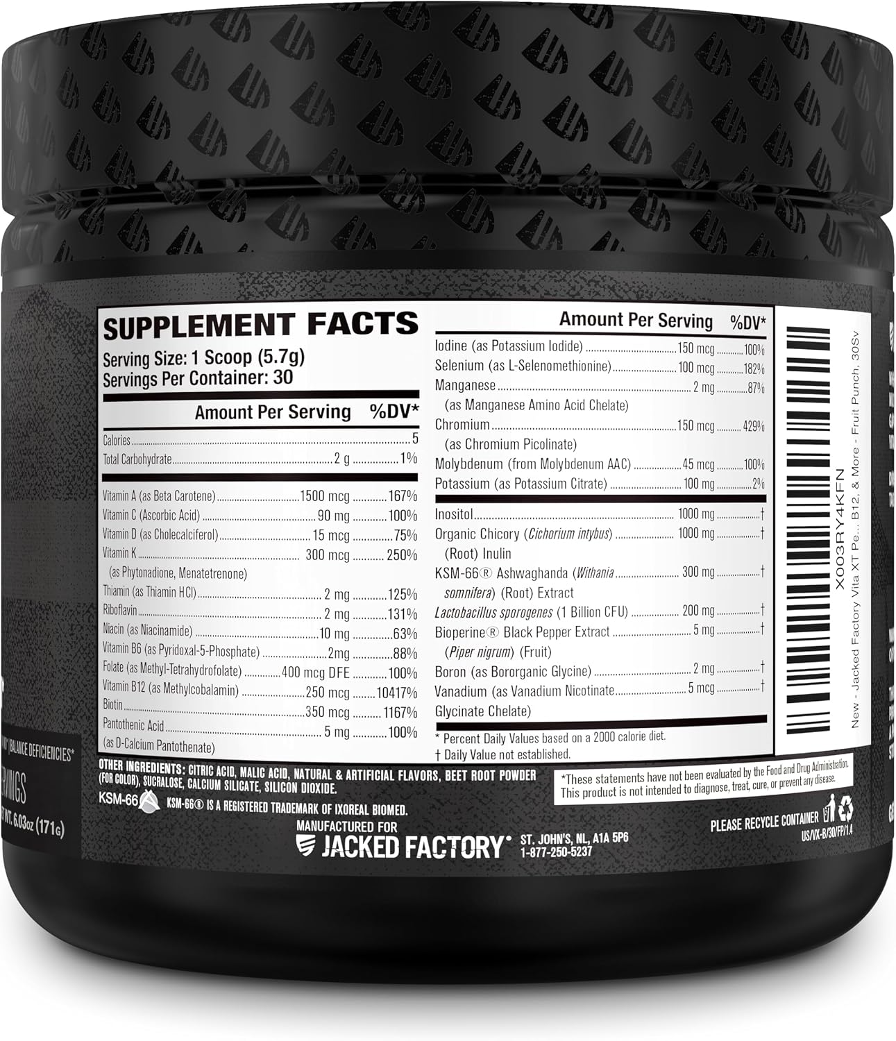 Jacked Factory Vita XT Performance Vitamin Powder - Daily Multivitamin Powder for Men with KSM-66 Ashwagandha, Prebiotic Fibre, Vitamin A, C, D, K, B6, B12, & More - Fruit Punch, 30 Servings - görsel 8
