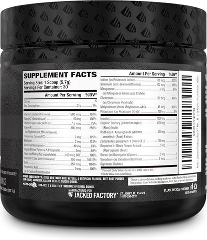 Jacked Factory Vita XT Performance Vitamin Powder - Daily Multivitamin Powder for Men with KSM-66 Ashwagandha, Prebiotic Fibre, Vitamin A, C, D, K, B6, B12, & More - Fruit Punch, 30 Servings