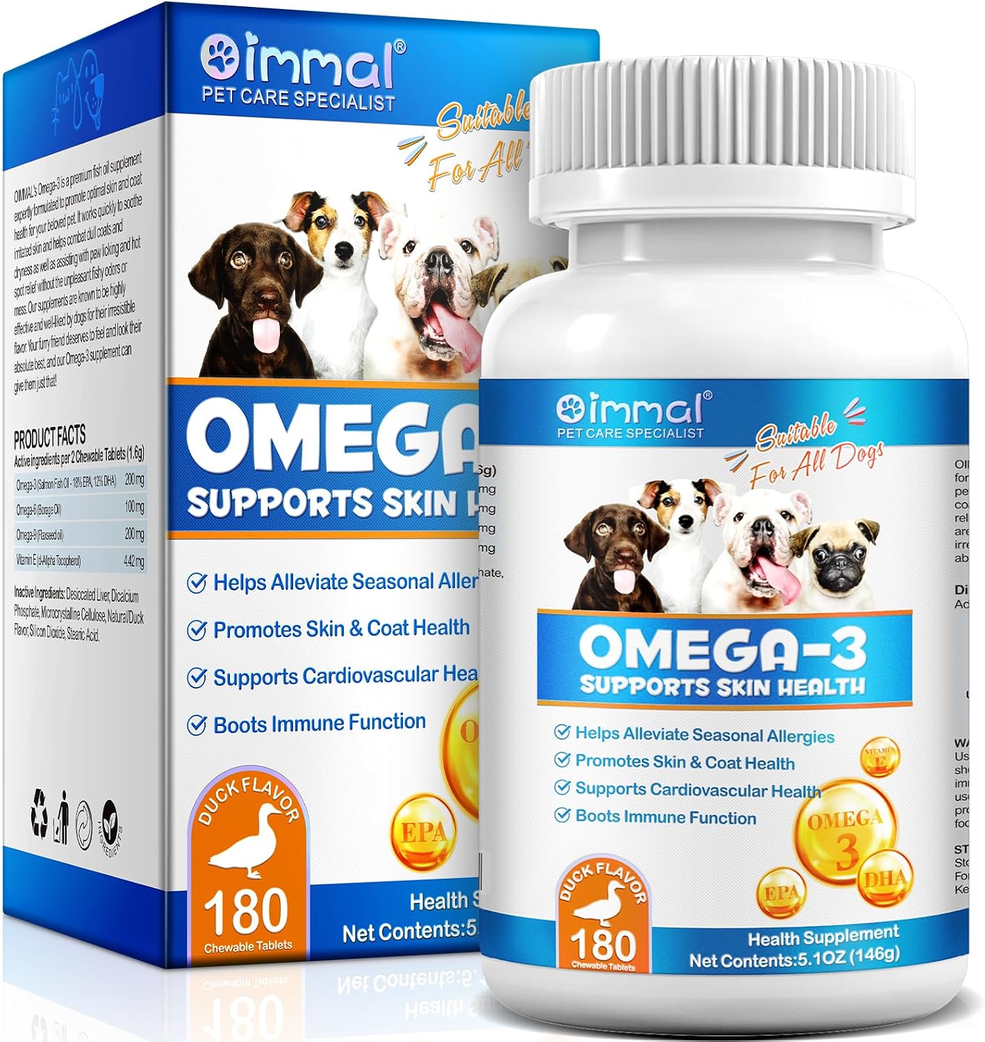 Omega-3 Fish Oil Tablets for Dogs – 180 Chewable Tablets with EPA, DHA, Omega-6, Omega-9 & Vitamin E - görsel 1