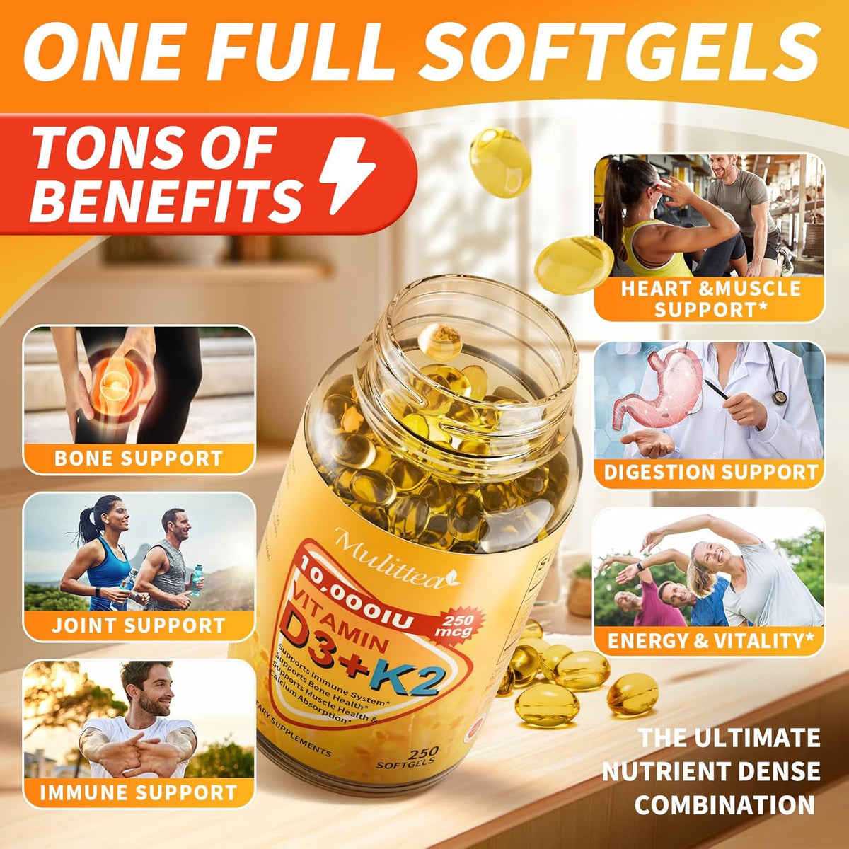 Mulittea Plant-Based Vitamin D3 & K2 10,000 IU with Coconut MCT Oil - 250 Soft gel capsules - görsel 3