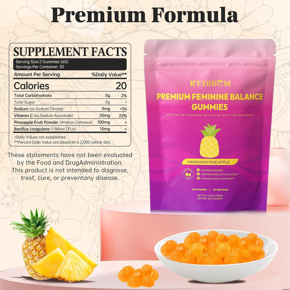 KEDISOM Premium Feminine Balance Gummies – Women's Health & Wellbeing – Hawaiian Pineapple (60 Gummies) - görsel 3