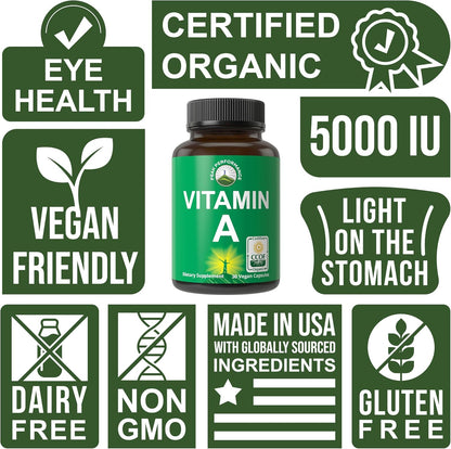 Certified Organic Vitamin A 5000 IU Supplement Capsules