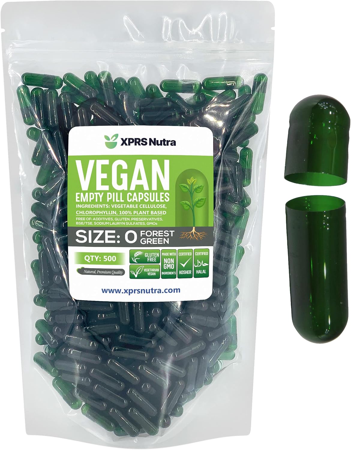 XPRS Nutra Size 0 Empty Capsules - 500 Count - Vegan - DIY Vegetable Capsule Filling - Forest Green - görsel 1