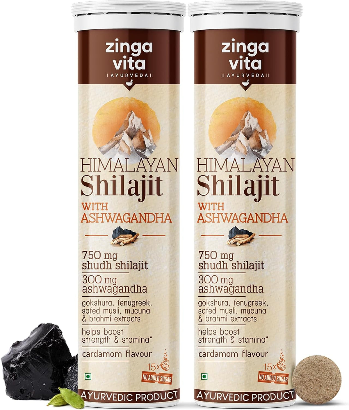 Zingavita Ayurveda Himalayan Shilajit (750mg) Effervescent with Ashwagandha, Gokshuru, Fenugreek, Brahmi & Safed Musli – Traditional Ayurvedic Support for Vitality & Recovery, Cardamom Flavour, Vegetarian – Pack of 2 - görsel 1