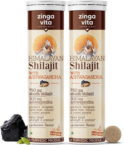 Zingavita Ayurveda Himalayan Shilajit (750mg) Effervescent with Ashwagandha, Gokshuru, Fenugreek, Brahmi & Safed Musli – Traditional Ayurvedic Support for Vitality & Recovery, Cardamom Flavour, Vegetarian – Pack of 2