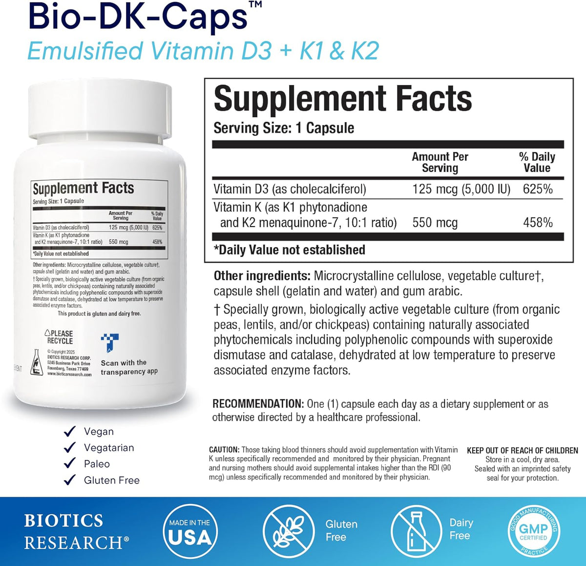 BIOTICS RESEARCH Bio-DK Caps – Emulsified Vitamin D3 + K1 + K2 (MK-7), 60 Capsules - görsel 2
