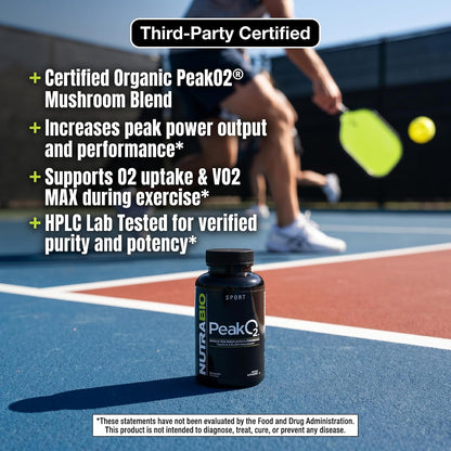 NutraBio PeakO2 Sports Supplement, 180 Capsules - Organic Mushroom Blend for Athletic Performance and General Health