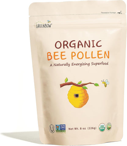 Greenbow Organic Bee Pollen - 100% Organic, Non-GMO, Halal, Kosher, Certified GMP, Pure & Natural Bee Pollen - Superfood Packed with Proteins, Vitamins & Minerals - Gluten-free - 227g