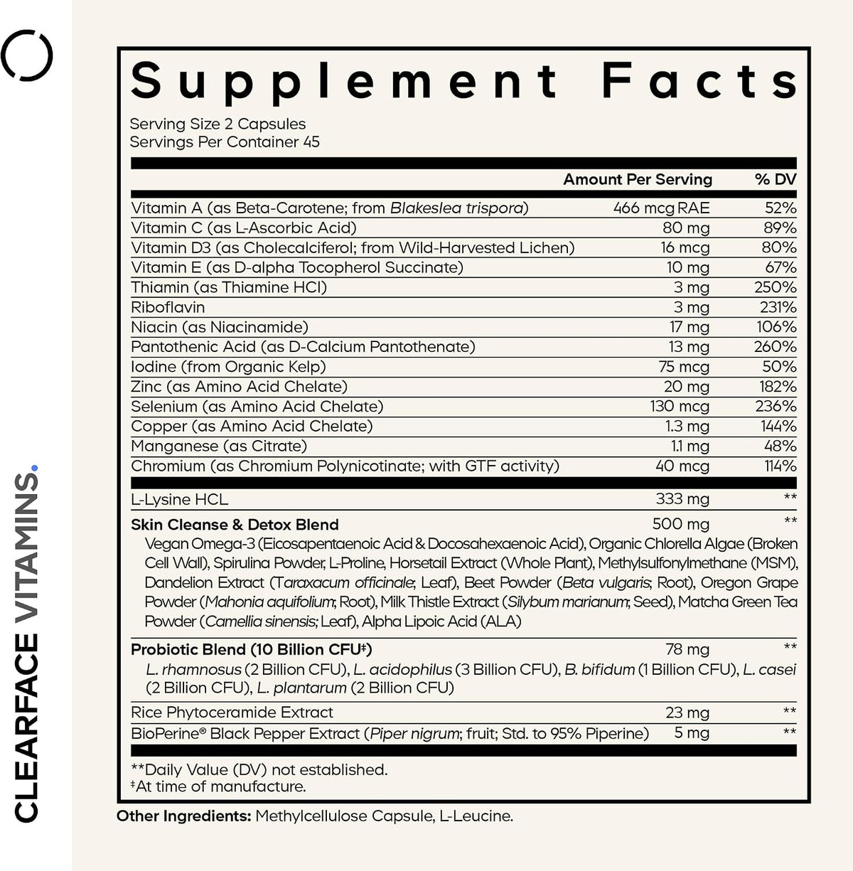 Codeage Clearface Vitamins+ - Skin Vitamins and Minerals with B-Complex, Probiotics, L-Lysine, Omega-3 - 90 Capsules - görsel 2