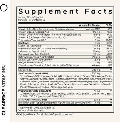 Codeage Clearface Vitamins+ - Skin Vitamins and Minerals with B-Complex, Probiotics, L-Lysine, Omega-3 - 90 Capsules