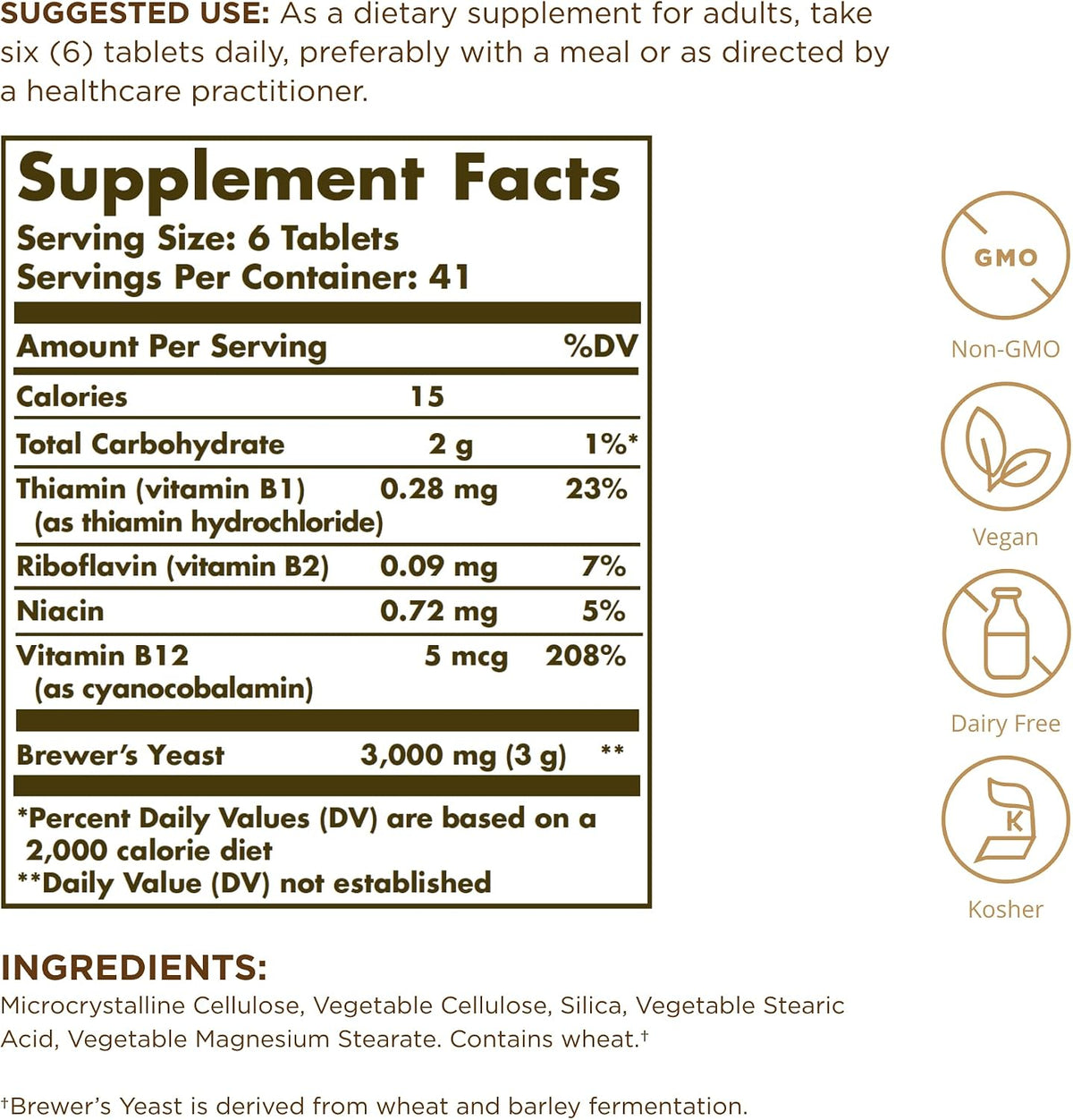 Solgar Brewer's Yeast 7 ½ Grains with Vitamin B12 - 250 Tablets (Pack of 3) - görsel 2