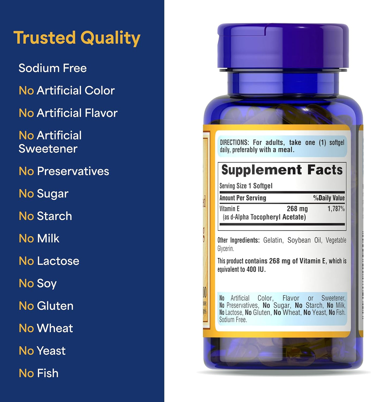 Puritan's Pride Vitamin E 400IU (268mg) D-Alpha Tocopheryl, 100 Rapid Release Softgels - görsel 6