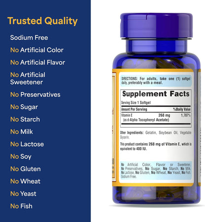 Puritan's Pride Vitamin E 400IU (268mg) D-Alpha Tocopheryl, 100 Rapid Release Softgels