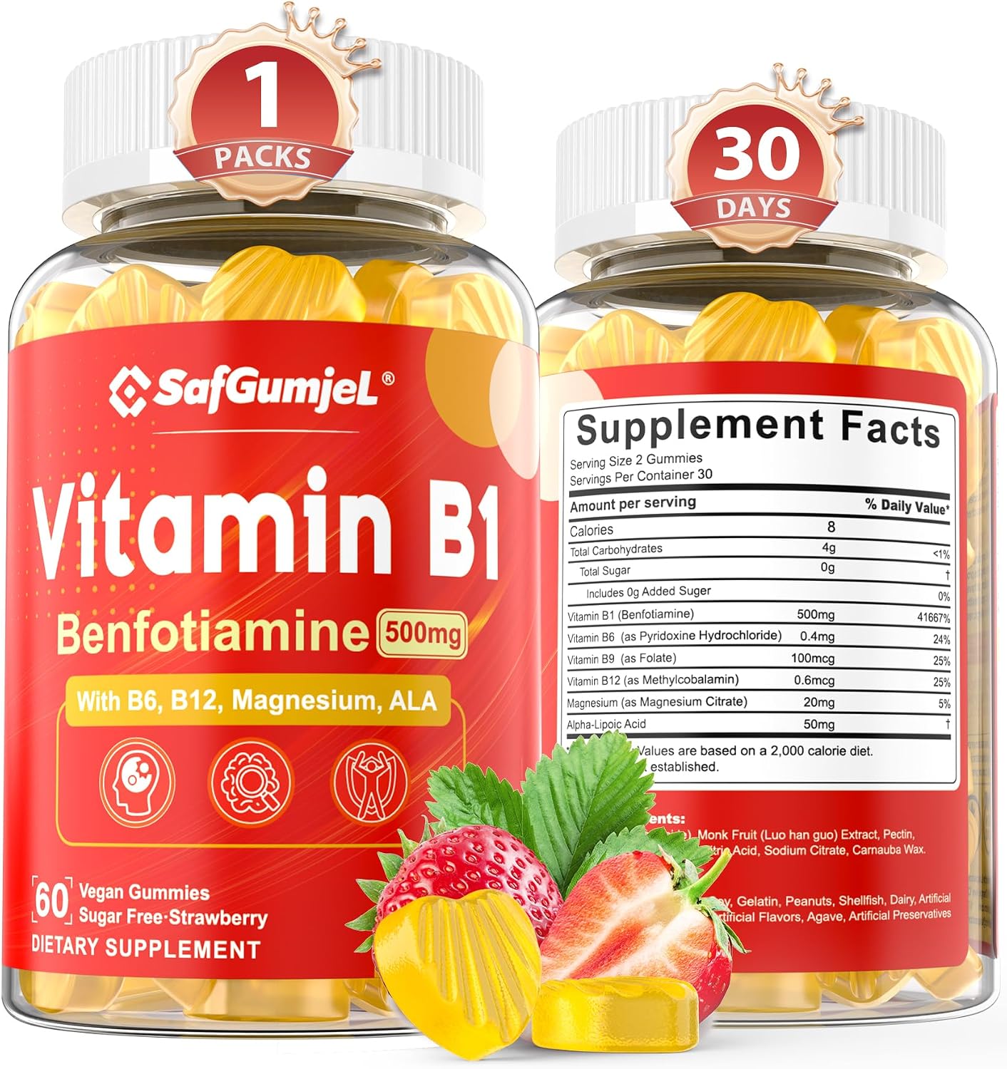 Vitamin B1 (Benfotiamine) Gummies 500mg – B Complex with B6, B9, Magnesium – Vegan, Sugar-Free, 60 Count - görsel 1