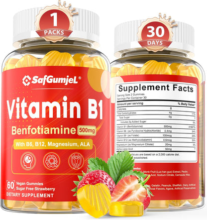 Vitamin B1 (Benfotiamine) Gummies 500mg – B Complex with B6, B9, Magnesium – Vegan, Sugar-Free, 60 Count