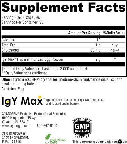XYMOGEN IG 26 DF - Dairy-Free Immunoglobulin Capsules for Intestinal & Immune System Support - Hyperimmune Egg-Derived Immunoglobulins - 120 Capsules