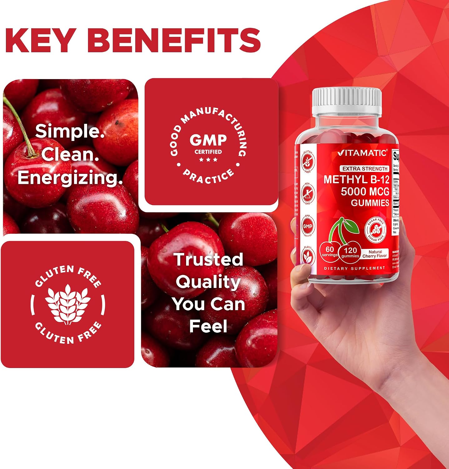 Vitamatic Extra Strength Vitamin B12 5000 mcg (Methyl B12) Gummies – Natural Cherry Flavour – 120 Count - görsel 7