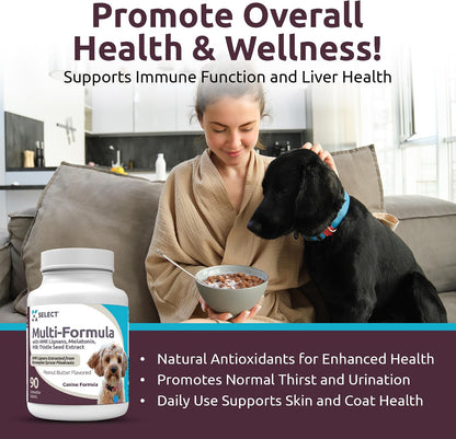 K9 Select Multi-Formula Dog Vitamins for Smaller Dogs - 10mg HMR Lignans, 1mg Melatonin, 20mg Milk Thistle - 90 Chewable Tablets, Peanut Butter Flavour