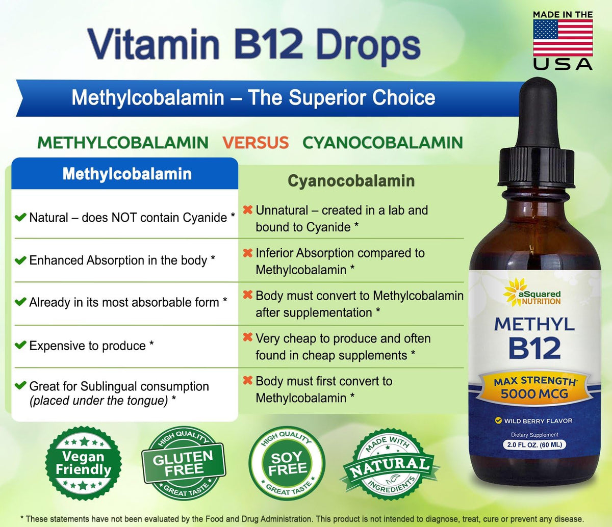 aSquared Nutrition Vitamin B12 Sublingual Liquid Drops - 5000 mcg Methylcobalamin - Wild Berry Flavour - 60 ml - görsel 3