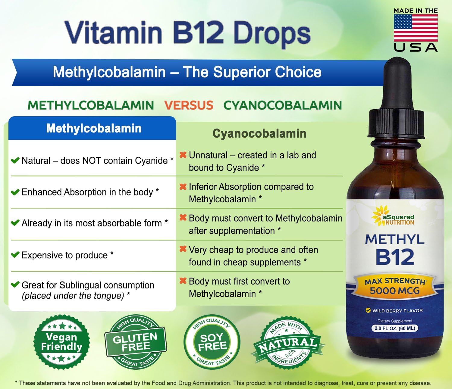 aSquared Nutrition Vitamin B12 Sublingual Liquid Drops - 5000 mcg Methylcobalamin - Wild Berry Flavour - 60 ml - görsel 3