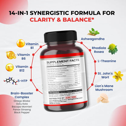 Dopamine Focus Supplement – Ashwagandha, 5-HTP, Rhodiola Rosea, St John's Wort – Support Memory, Clarity, Focus & Relaxation with B1, B6, B12, L-Theanine – 90 Capsules