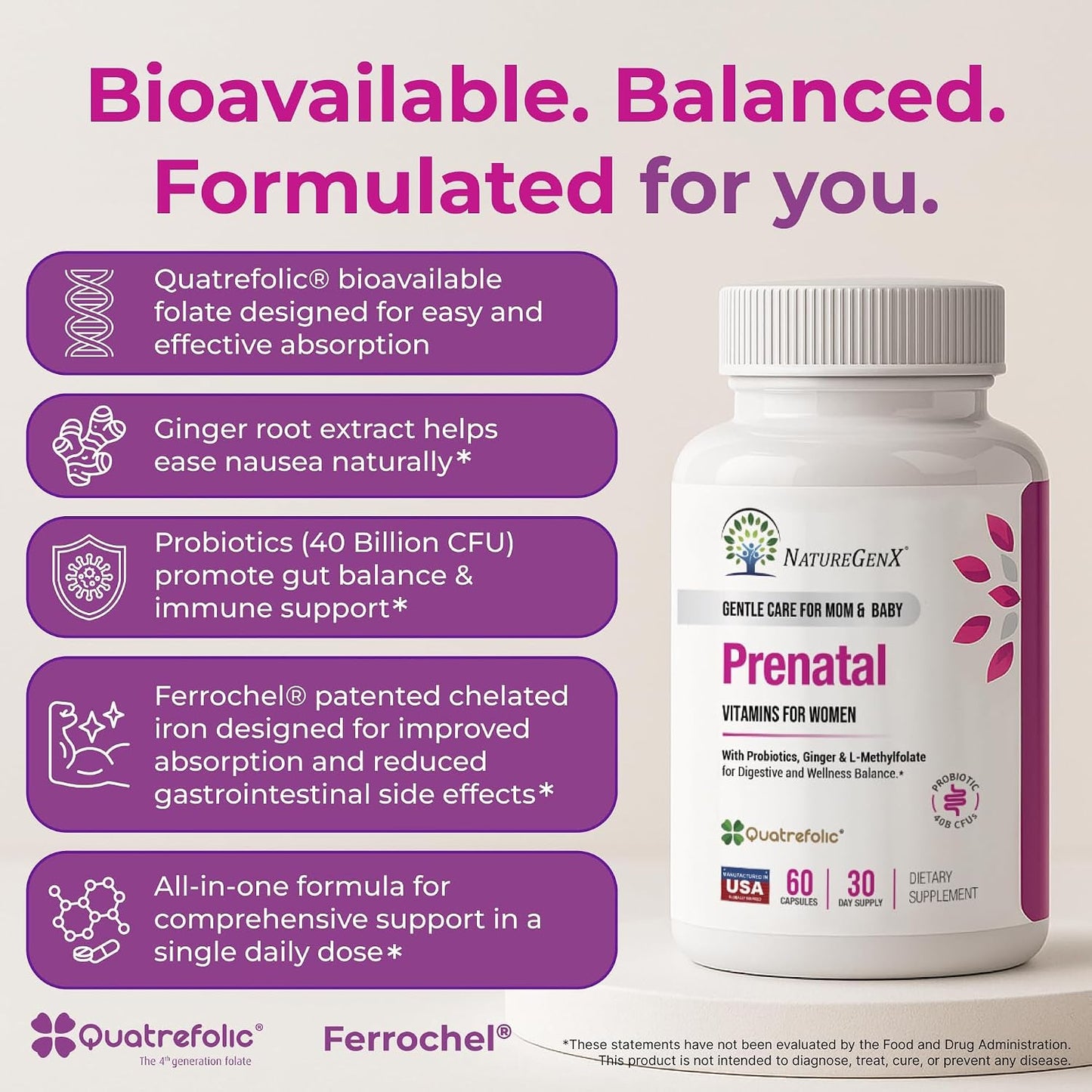 NatureGenX Methyl Prenatal with Probiotics – Prenatal Vitamins for Women with Iron, Methyl Folate, Ginger, Active B12 & 28 Nutrients – Vegan, Non-GMO, Gluten-free – 60 Capsules (1-Month Supply) - görsel 4
