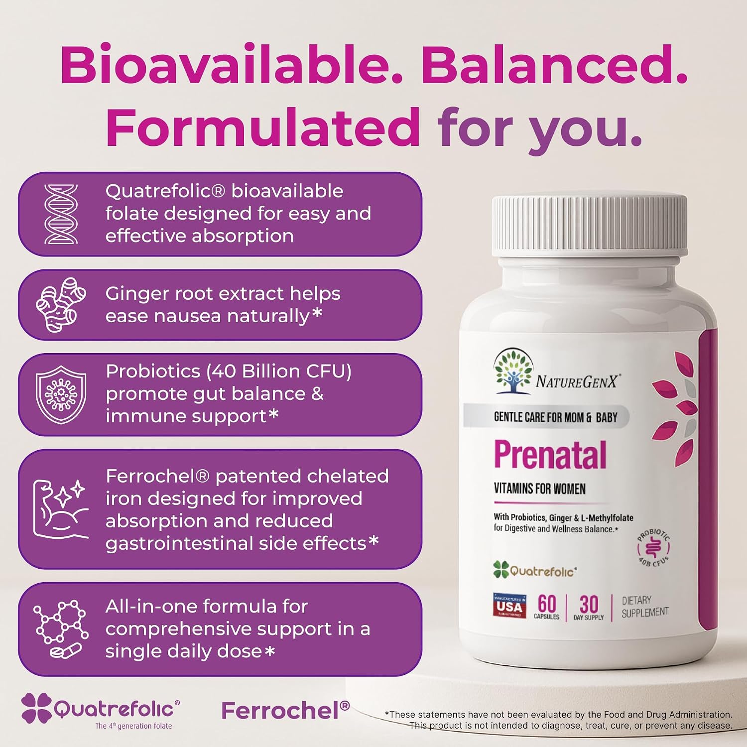 NatureGenX Methyl Prenatal with Probiotics – Prenatal Vitamins for Women with Iron, Methyl Folate, Ginger, Active B12 & 28 Nutrients – Vegan, Non-GMO, Gluten-free – 60 Capsules (1-Month Supply) - görsel 4