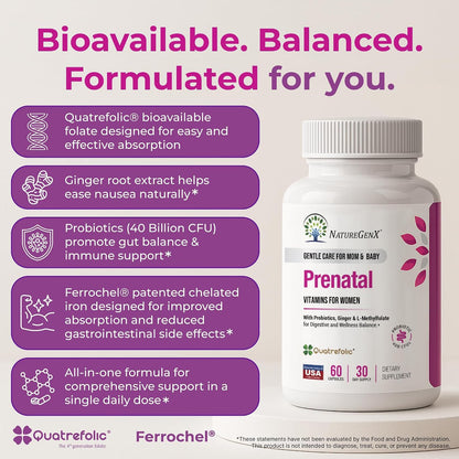 NatureGenX Methyl Prenatal with Probiotics – Prenatal Vitamins for Women with Iron, Methyl Folate, Ginger, Active B12 & 28 Nutrients – Vegan, Non-GMO, Gluten-free – 60 Capsules (1-Month Supply)