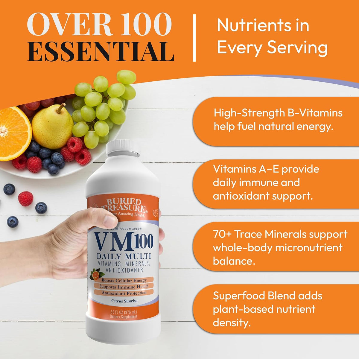 Buried Treasure VM100 Daily Liquid Vitamins and Minerals with Antioxidants, Vegan, Sugar-Free, Orange Zest Flavour, 32 Servings, 32 fl oz - görsel 3