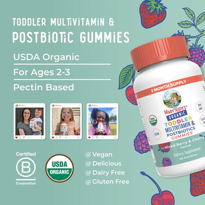 MARYRUTH'S Organics Toddler Multivitamin Gummies + Postbiotics | USDA Organic | Vitamins for Kids Ages 2+ | Immune Support | Vitamin C | Vitamin D3 | Vitamin A | Zinc | Vegan | Non-GM | 60 Servings