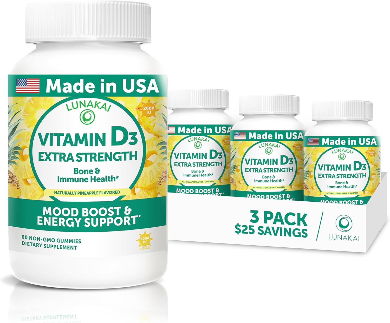 Lunakai Vitamin D3 Gummies 2000 IU – Made in the USA – Non-GM, Gluten-Free – Bone, Immune & Muscle Support – 60 Gummies (Pack of 6) - görsel 10