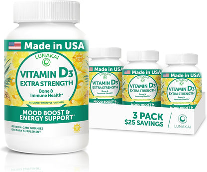 Lunakai Vitamin D3 K2 Gummies with Calcium – Vegan, 2000 IU D3 + 100 mcg K2 (MK7) + 100 mg Calcium – 60 Count