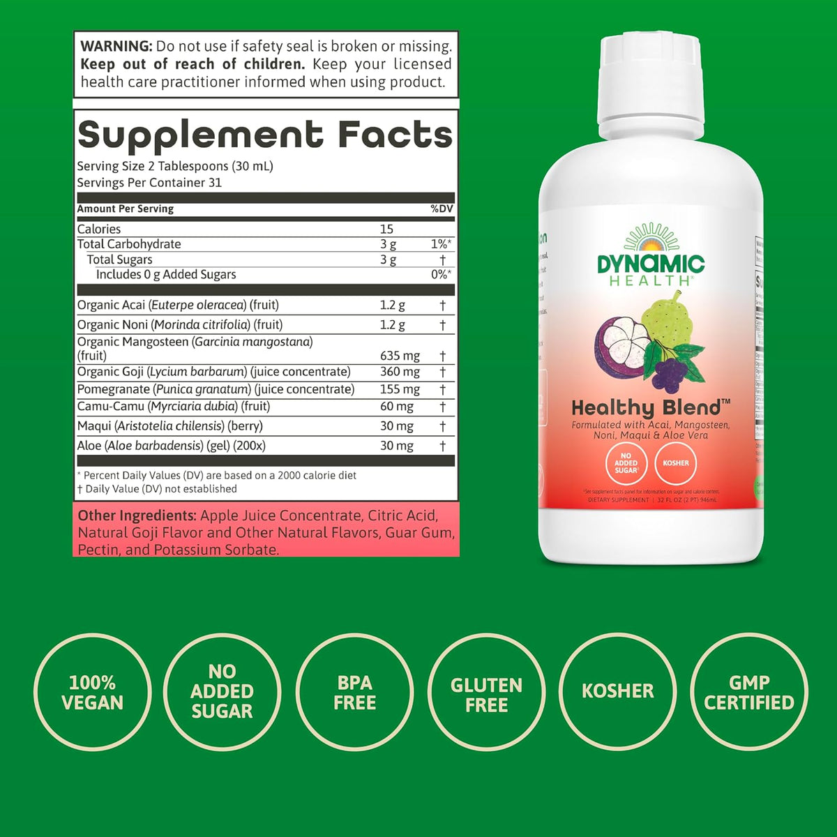 Dynamic Health Healthy Blend - Organic Superfruit Juice with Acai, Mangosteen, Noni, Maqui & Aloe Vera, 946 ml - görsel 3