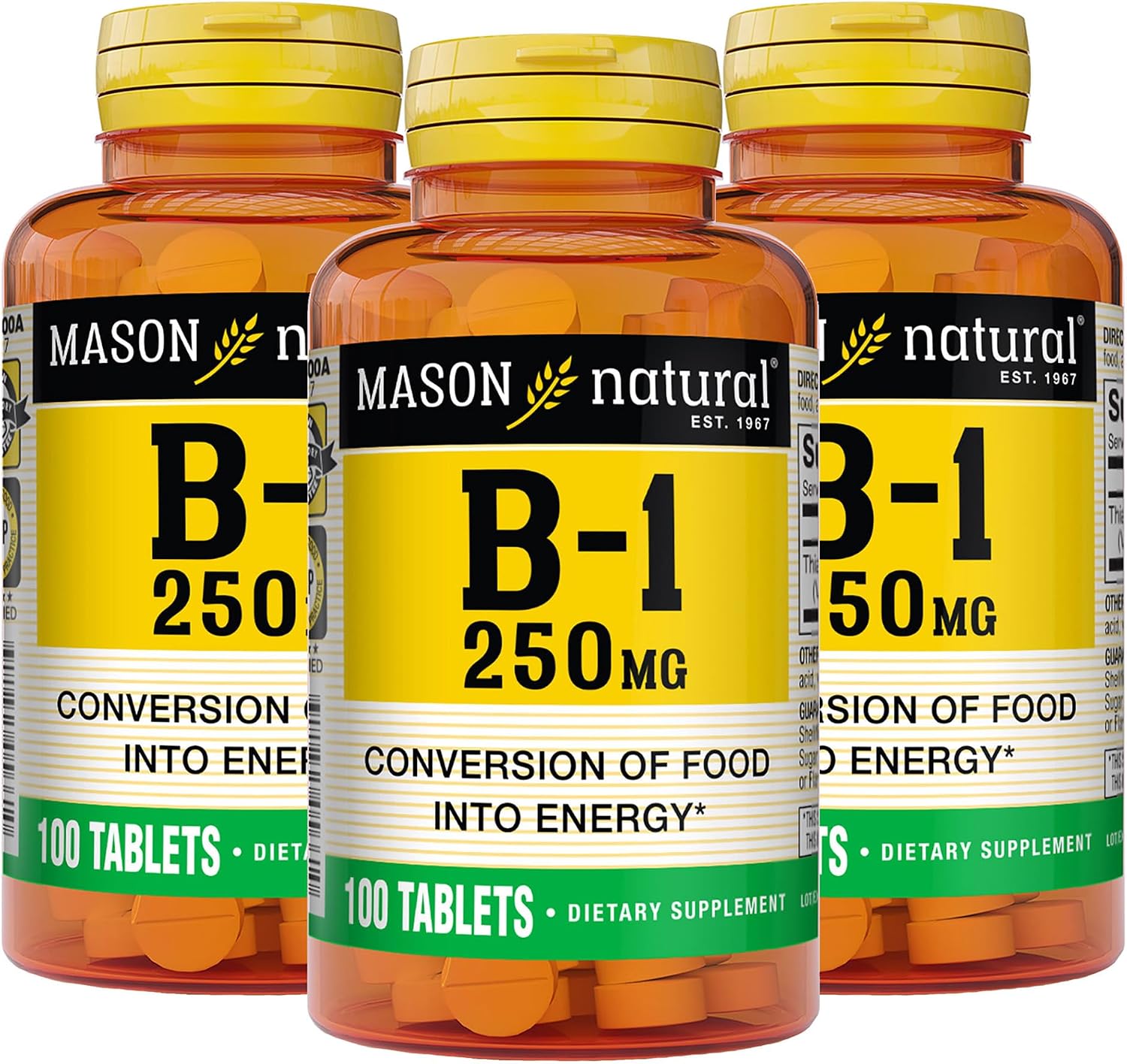 MASON NATURAL Vitamin B1 Thiamine 250 mg, 300 Tablets (Pack of 3) - görsel 1