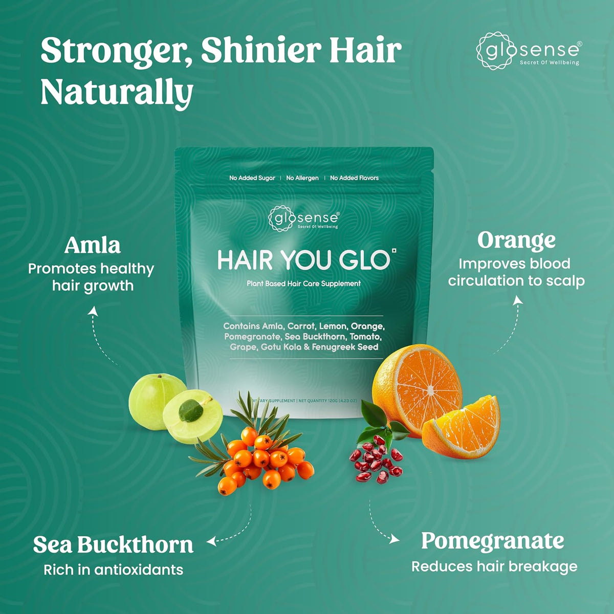 Glosense Hair You Glo – Plant-Based Biotin Supplement, Natural Hair Vitamins Powder with Amla, Sea Buckthorn, Gotu Kola, 30 Servings - görsel 2