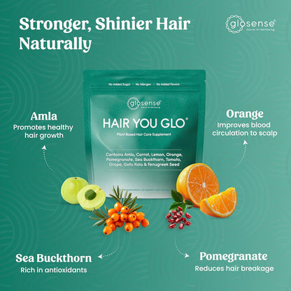 Glosense Hair You Glo – Plant-Based Biotin Supplement, Natural Hair Vitamins Powder with Amla, Sea Buckthorn, Gotu Kola, 30 Servings