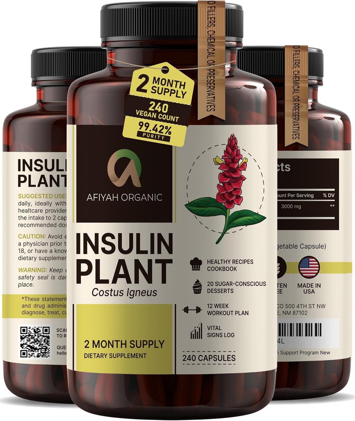 Afiyah Organic – Premium Quality Costus Igneus (Insulin Plant) Capsules – 240 Vegetable Capsules (2 Month Supply) - görsel 8
