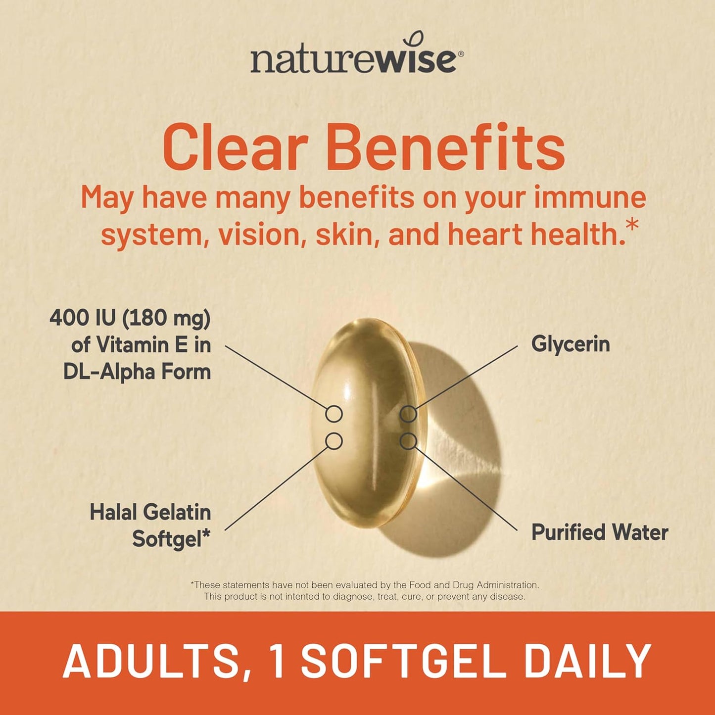 NatureWise Vitamin E 400 IU Softgels (180mg DL-Alpha) - Dairy, Gluten & Soya Free - Non-GMO Antioxidant-Rich Food Supplement for Skin and Immune Health Support - 4-Month Supply, 120 Count - görsel 3