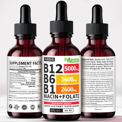NUSAVA Vitamin B12 Liquid Drops 5000µg with B-Complex & Thiamine - Sublingual Methylcobalamin, Vegan, Non-GMO, Raspberry (Pack of 4, 60 ml Each)