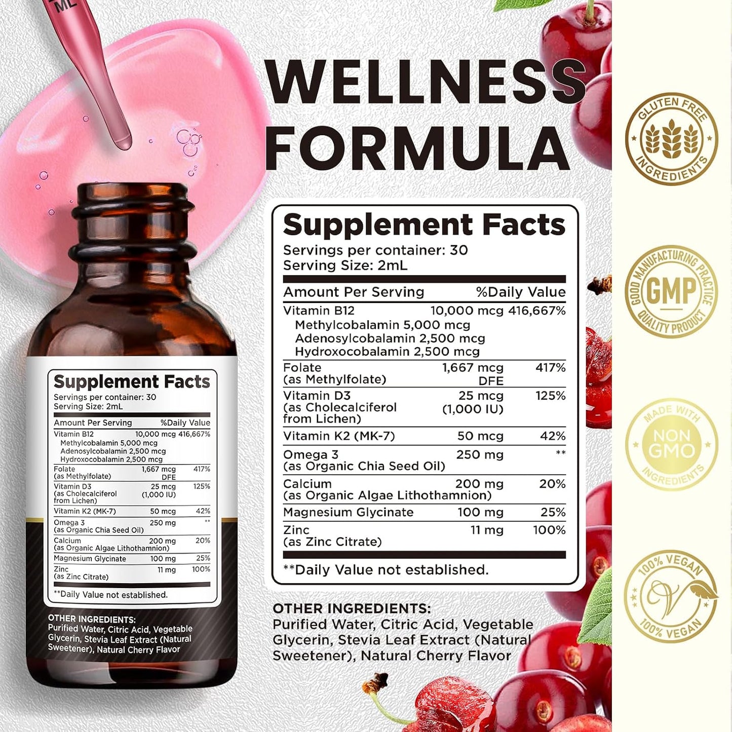 Vitamin B12 Complex 10000 mcg - Triple Liquid B12 Drops Sublingual Supplement with Methylcobalamin, Adenosylcobalamin and Hydroxocobalamin - Cherry Flavour - görsel 3