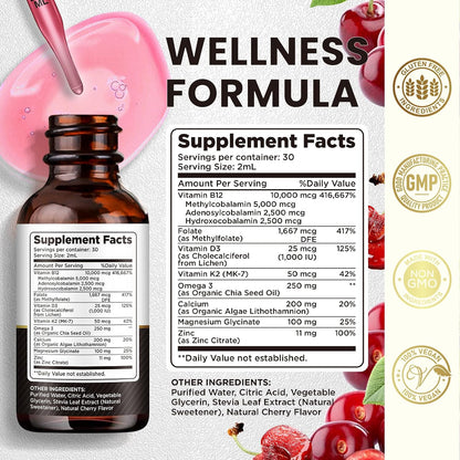 Vitamin B12 Complex 10000 mcg - Triple Liquid B12 Drops Sublingual Supplement with Methylcobalamin, Adenosylcobalamin and Hydroxocobalamin - Cherry Flavour