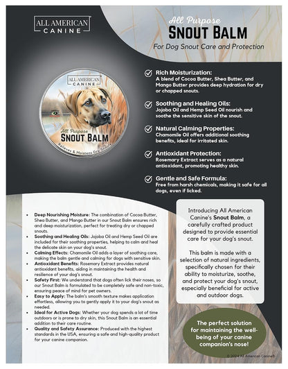 All American Canine Snout Balm with Cocoa, Shea and Mango Butter for Dog Snout Care and Protection