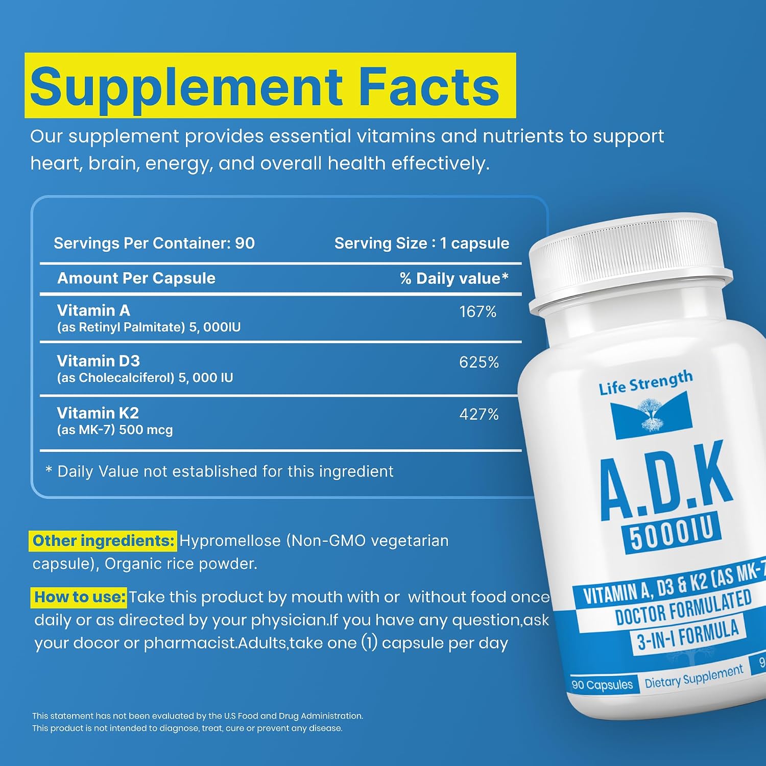 LifeStrength ADK 5 - Vitamin A, D3 5000 IU & K2 (MK-7) Supplement - 90 Capsules - görsel 2
