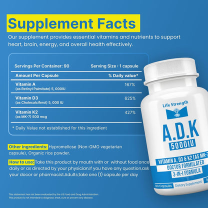 LifeStrength ADK 5 - Vitamin A, D3 5000 IU & K2 (MK-7) Supplement - 90 Capsules