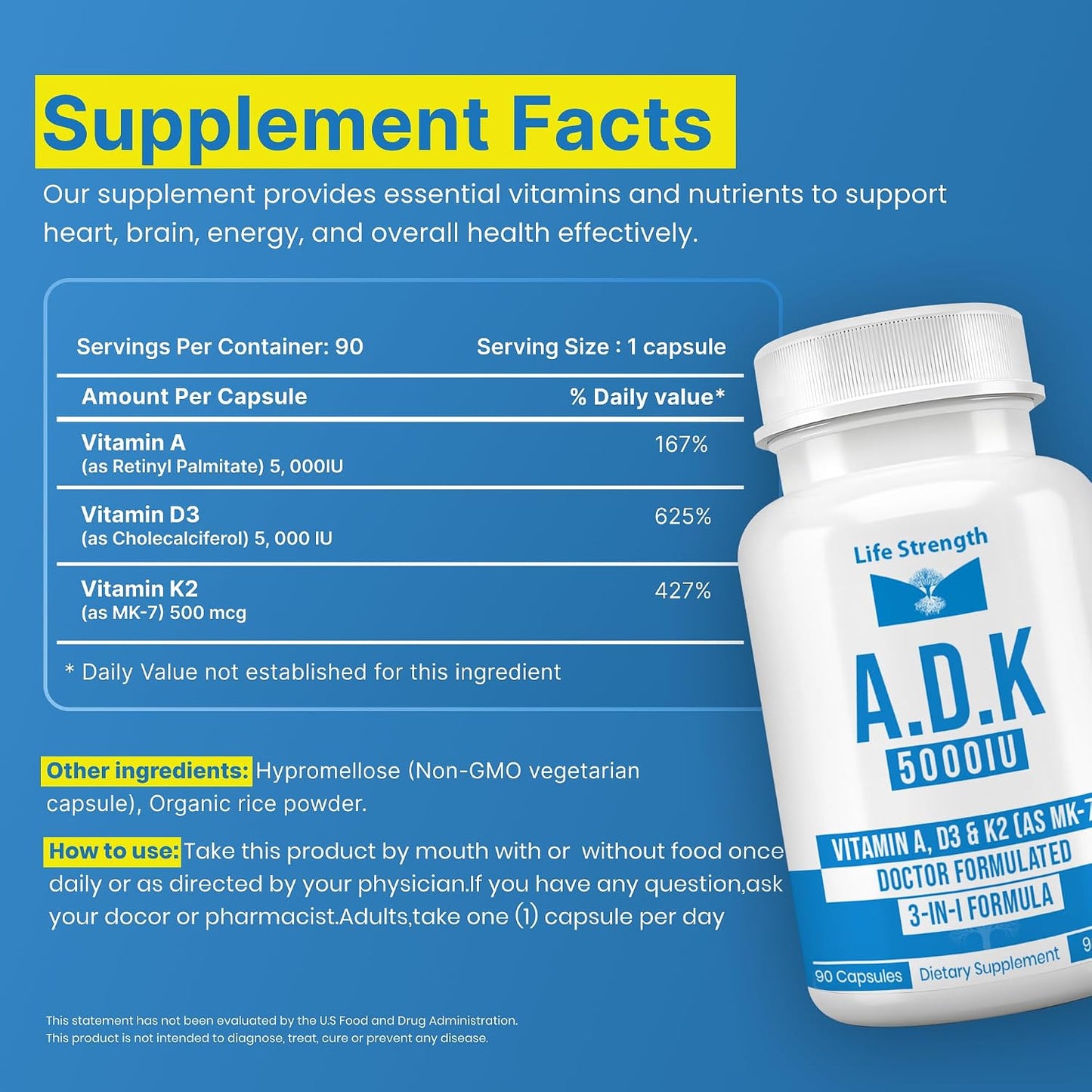 LifeStrength ADK Food Supplement - Vitamins A1, D3 & K2 (MK-7) - Bone Health & Immune Support - 2-Pack (180 Capsules) - görsel 2